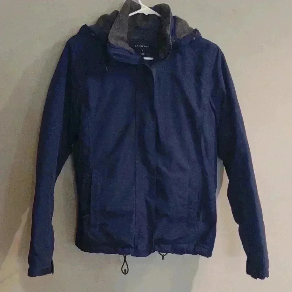 Lands' End navy hooded lined windcheck coat women's small‎